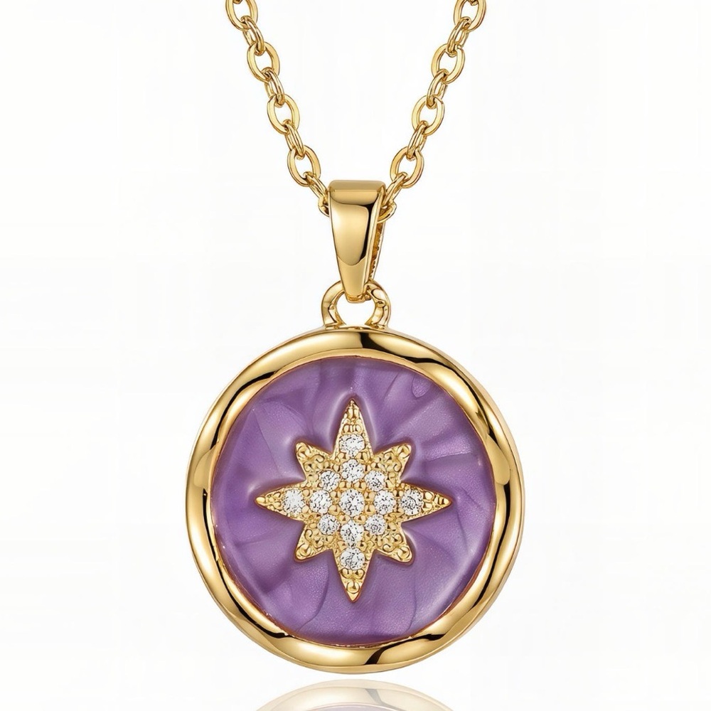 Gold Starburst Pendant Necklace Purple CZ Waterproof Stainless Steel NWT - Picture 3 of 3